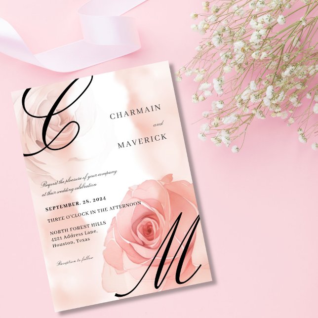 Elegant Mist Blush Pink Monogram Wedding Invitation (Creator Uploaded)
