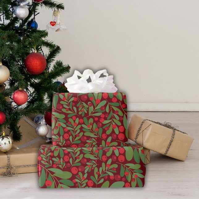 Elegant Mistletoe Burgundy Background Christmas  Wrapping Paper (Creator Uploaded)