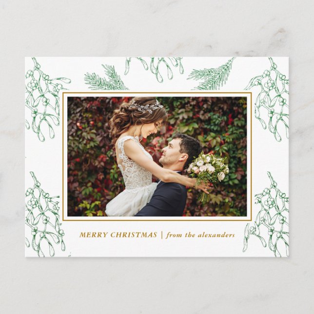Elegant Mistletoe Green and Gold Photo Christmas Holiday Postcard (Front)