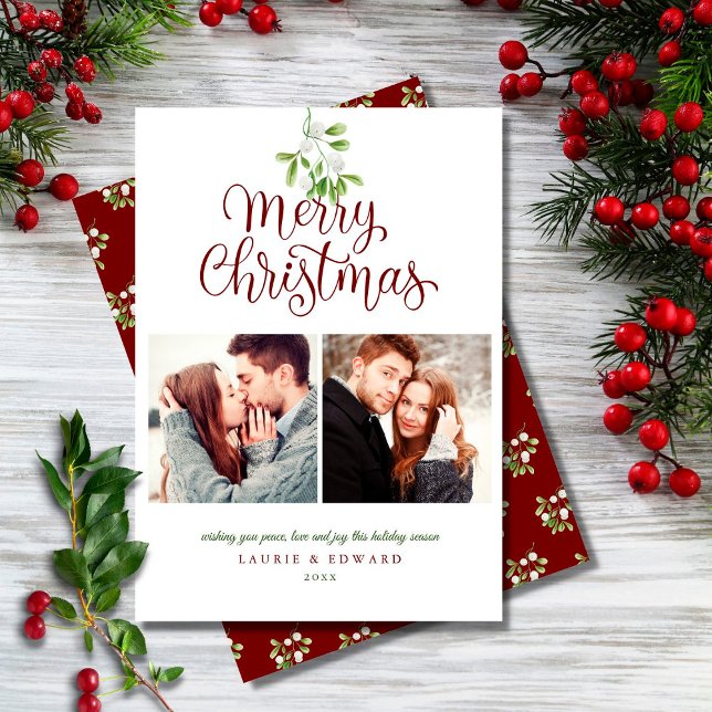 Elegant Mistletoe Merry Christmas Couples 2 Photo Holiday Card (Creator Uploaded)