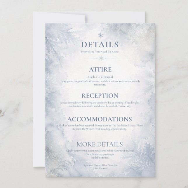 Elegant Misty Blue Winter Frost Details Card (Front)