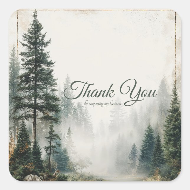 Elegant Misty Pine Forest Gold Frame Rustic Square Sticker (Front)