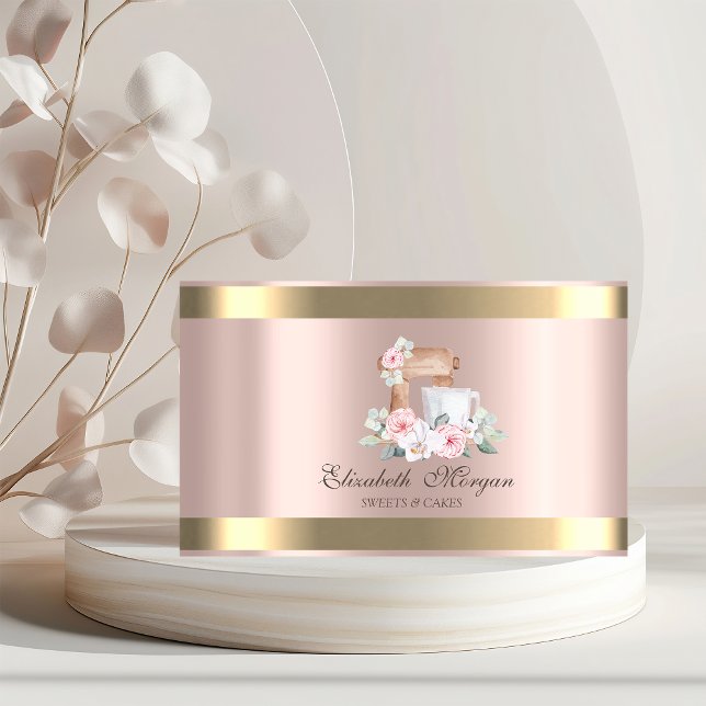 Elegant Mixer Flower Gold Stripe Rose Gold Bakery Business Card (Creator Uploaded)