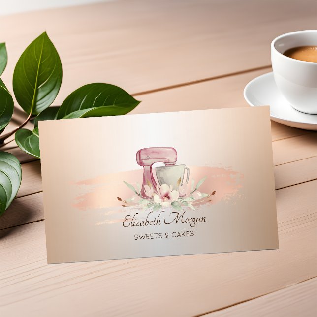 Elegant Mixer Flower Rose Gold Brush Stroke Bakery Business Card (Creator Uploaded)