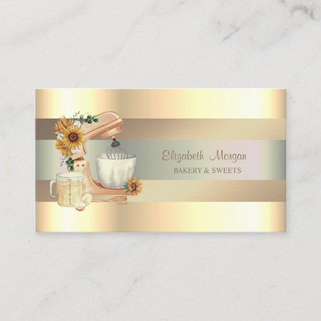 Elegant Mixer Sunflowers,Faux Gold Stripes  Business Card (Front)