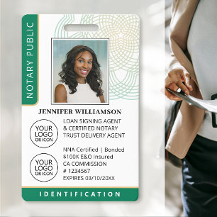 Elegant Mobile Notary Public Photo ID Badge Green