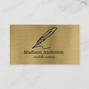 Elegant Mobile Notary Quill Gold Brushed Metal Business Card