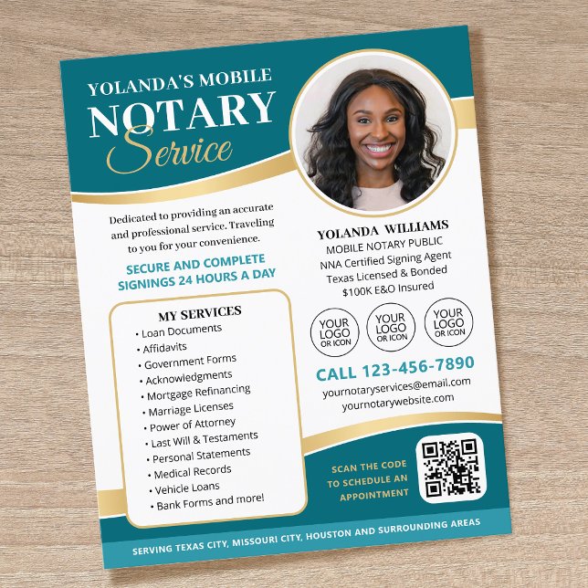 Elegant Mobile Notary Service Logo QR Code Teal Flyer (Creator Uploaded)