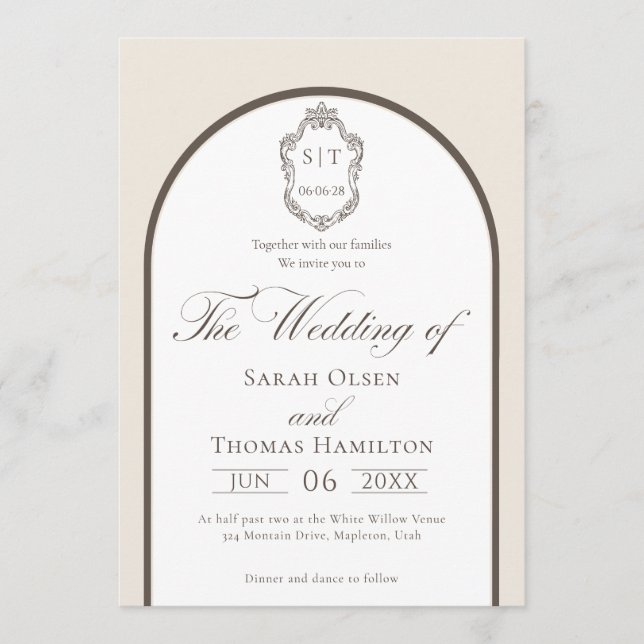 Elegant Mocha And Cream Monogram Wedding Invitation (Front)