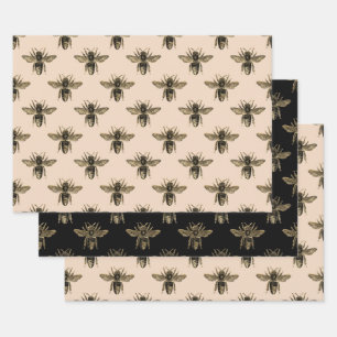 Elegant mocha black and golden bees wrapping paper sheet