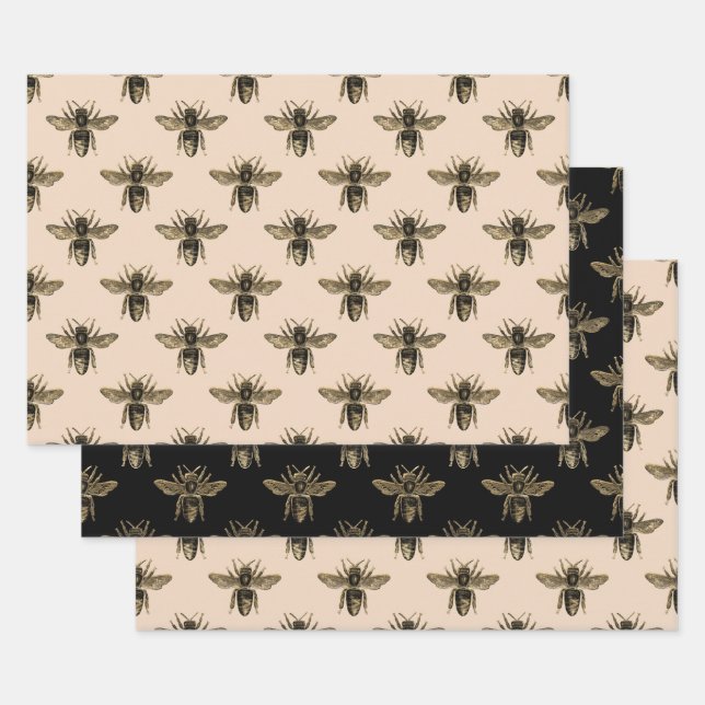 Elegant mocha black and golden bees  wrapping paper sheet (Set)