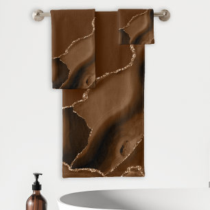 Elegant Mocha Brown Agate Gold Glitter Bath Towel Set
