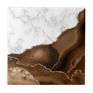 Elegant Mocha Brown Agate Gold Glitter Marble Tile