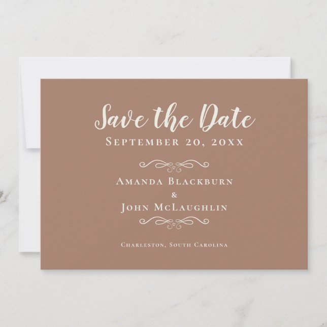 Elegant Mocha Brown Rustic Romantic Calligraphy Save The Date (Front)