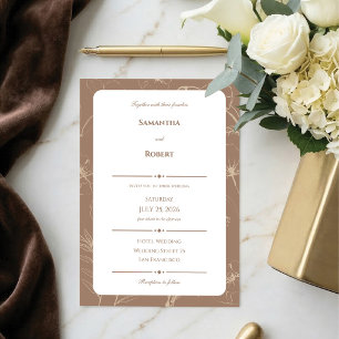 Elegant Mocha Floral Line Art Wedding Invitation