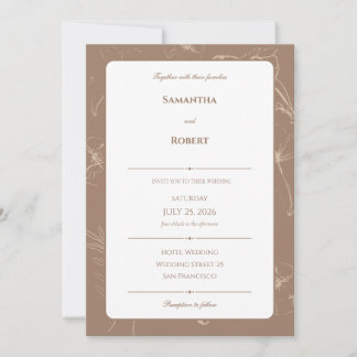 Elegant Mocha Floral Line Art Wedding Invitation