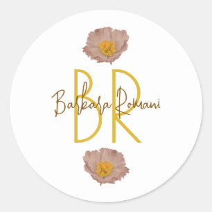 Elegant Mocha Poppy Floral custom name Classic Round Sticker
