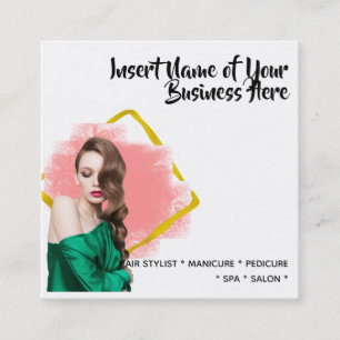 Elegant model long hair faux gold blush watercolor square business card