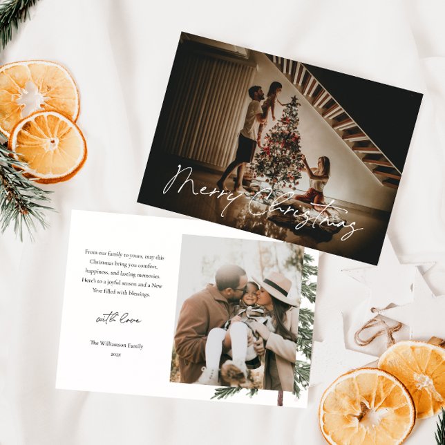 Elegant Modern 2 Photo Watercolor Christmas Holiday Card (Modern Script Simple Christmas Card)
