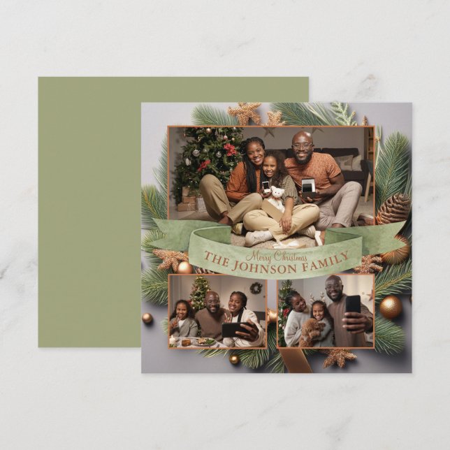 Elegant Modern 3 Photo Family Christmas Evergreen Holiday Card (Front/Back)