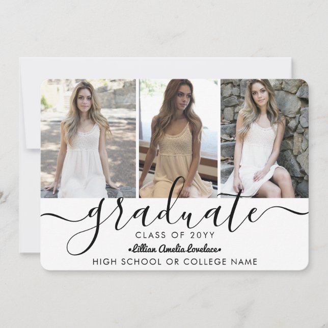Elegant Modern 4 Photo Collage Script Graduation Announcement (Front)
