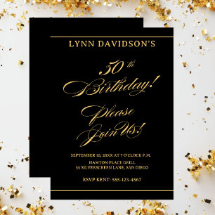 Elegant Modern 50th Birthday Gold Black  Invitation
