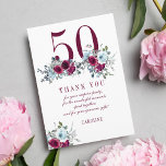 Elegant modern 50th milestone birthday  thank you card<br><div class="desc">Elegant feminine 50 years birthday party name and message personalised thank you card with watercolor red burgundy,  dusty blue roses bouquets,  and a modern trendy typography script.</div>