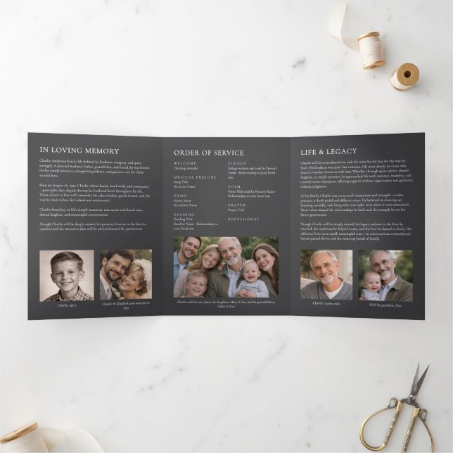Elegant Modern 7-Photo Celebration of Life Funeral Tri-Fold Programme (Inside)