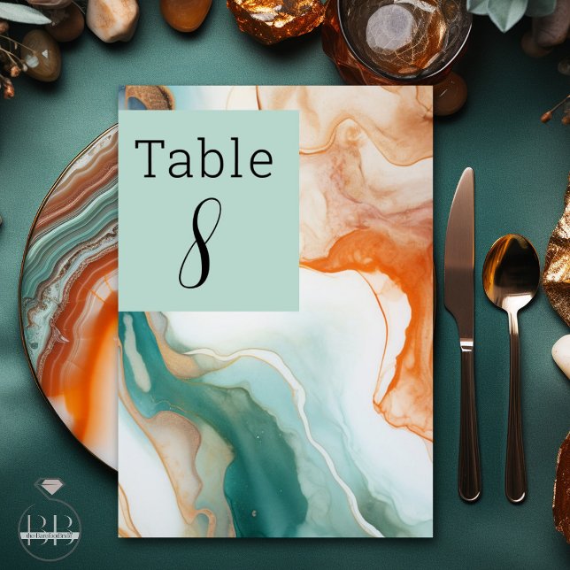 Elegant Modern Abstract Agate  Teal Terracotta Table Number (Creator Uploaded)