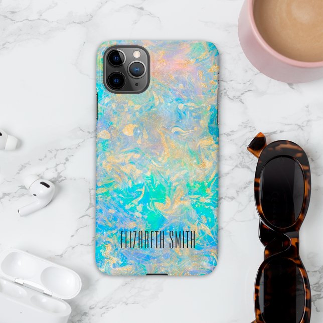 Elegant Modern Abstract Gold Fire Opal Custom Name iPhone Case (Creator Uploaded)