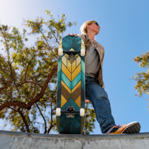 Elegant Modern Abstract Gold Teal Geometric Skateboard