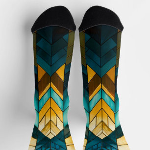 Elegant Modern Abstract Gold Teal Geometric Socks