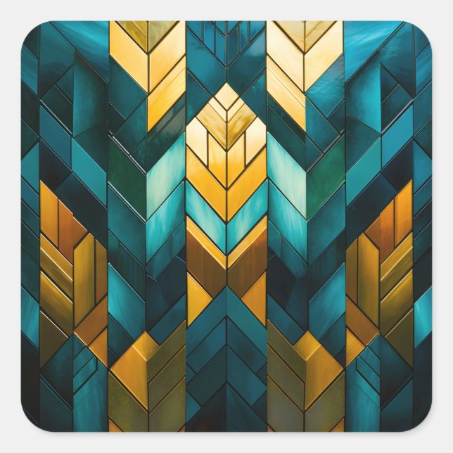 Elegant Modern Abstract Gold Teal Geometric Square Sticker (Front)
