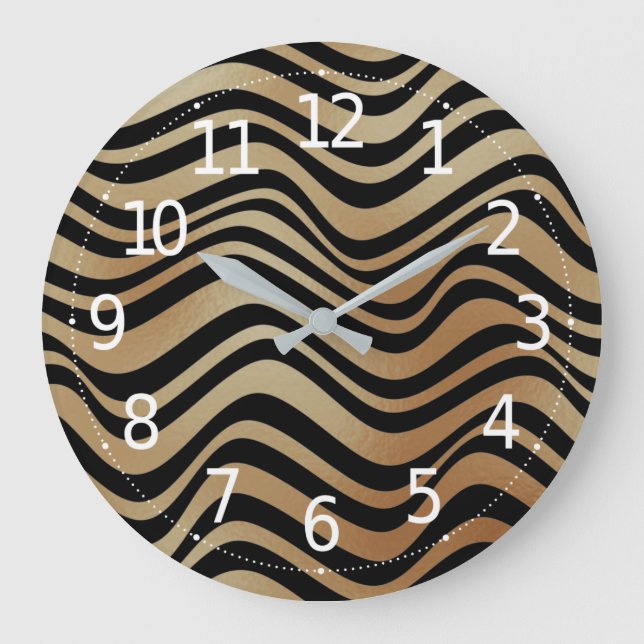 Elegant Modern Abstract Gold Waves Zebra Pattern | Large Clock (Front)