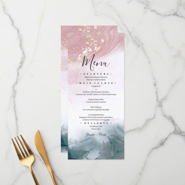 Elegant Modern Alcohol Ink Blush Blue Watercolor Menu (Front/Back In Situ)