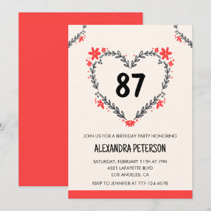 Elegant Modern Any age Floral Heart 87th birthday Invitation