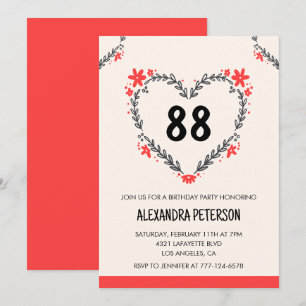 Elegant Modern Any age Floral Heart 88th birthday Invitation