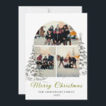 Elegant Modern Arch 3 Photo Collage Christmas Holiday Card<br><div class="desc">Showcase your favourite memories in this elegant 'Merry Christmas' design featuring a trendy arch-shaped 3-photo collage framed by hand-drawn pine trees. The sophisticated gold script typography and personalised family name add a premium,  timeless touch to your holiday greetings.</div>