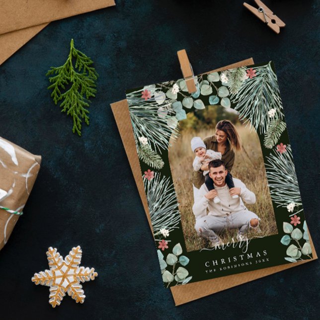Elegant Modern Arch Botanical Christmas Photo Invi Holiday Postcard (Creator Uploaded)