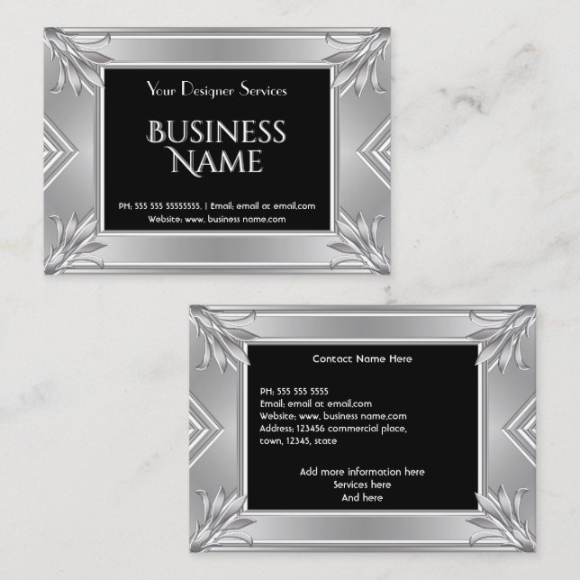 Elegant Modern Art Deco Black Faux Silver Chrome Business Card (Front/Back)