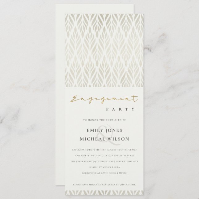 ELEGANT MODERN ART DECO WHITE SILVER ENGAGEMENT  INVITATION (Front/Back)