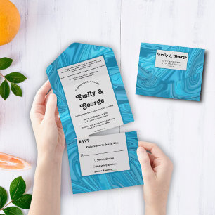 Elegant Modern Artistic Blue Abstract Wave Wedding All In One Invitation