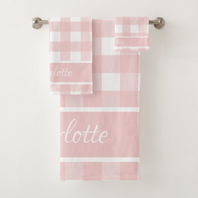 Elegant Modern Baby Pink White Buffalo Checks Bath Towel Set (Insitu)