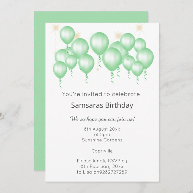 ELEGANT MODERN BALLOON SAGE GREEN WHITE BIRTHDAY INVITATION (Front/Back)