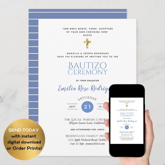 Elegant Modern BAUTIZO Bautismo Baptism -ADD VERSE Invitation (Creator Uploaded)
