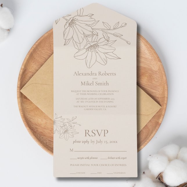Elegant Modern Beige Lineart Floral Wedding All In One Invitation (Creator Uploaded)