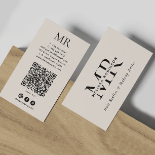 Elegant Modern Beige Monogram Social Media QR Code Business Card