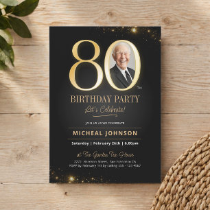 Elegant Modern Black and Gold 80th Birthday Invitation