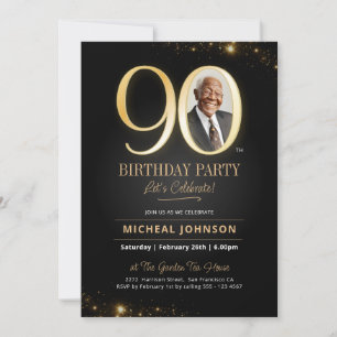 Elegant Modern Black and Gold 90th Birthday Invitation