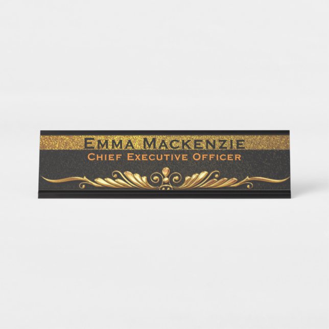 Elegant Modern Black and Gold Desk Name Plate (Front)